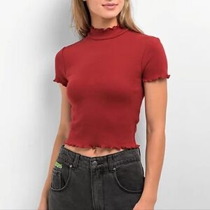 Women's Zine Ribbed Lettuce Trim Mock Neck Top Dark Red Medium Zumiez
